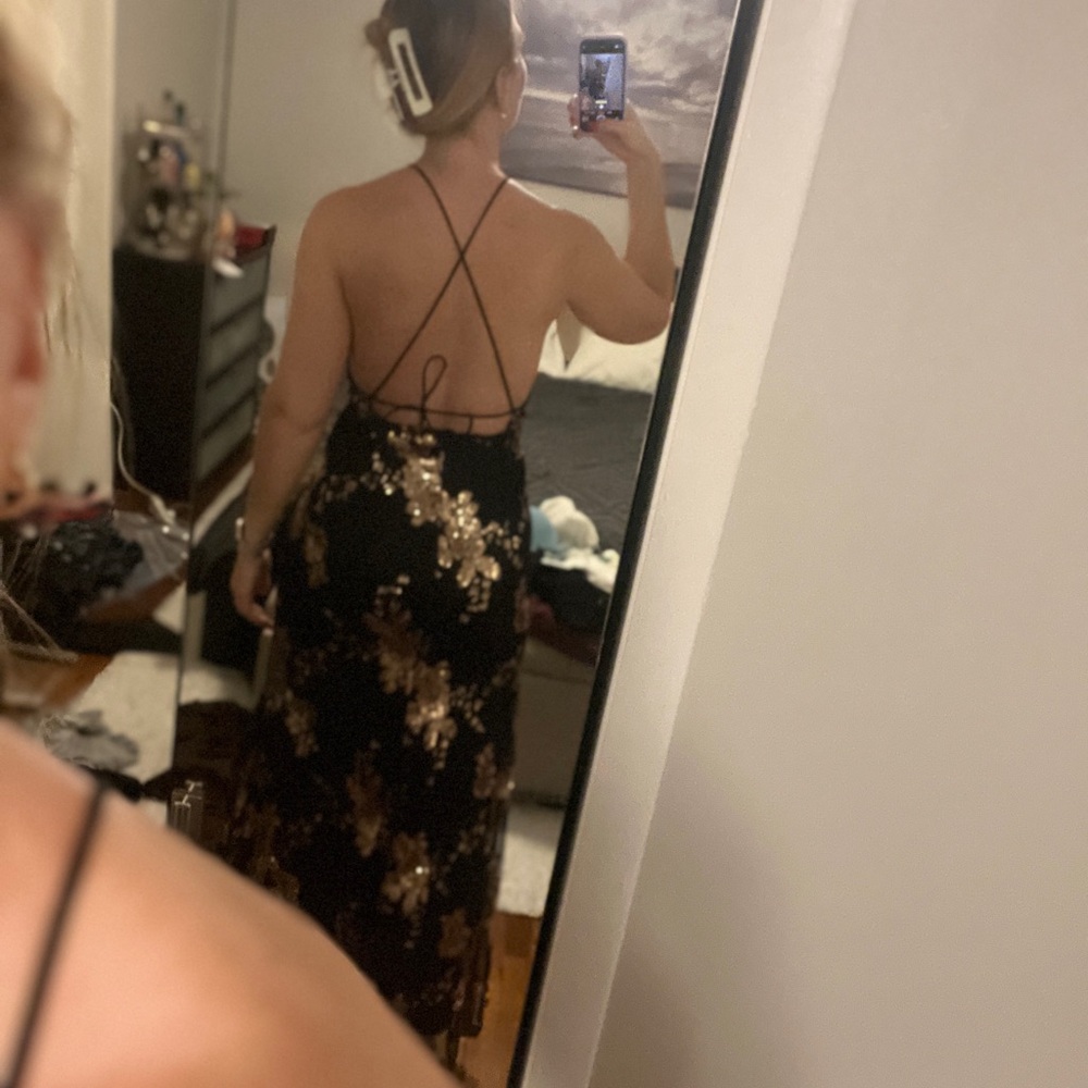 NWOT Black and Gold Backless Dress - Picture 2 of 2